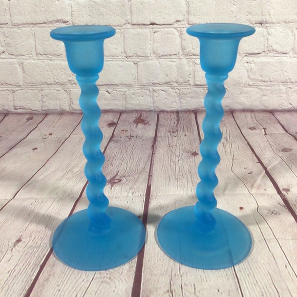 Vintage Other - Vintage Tiffin Glass Blue Spiral Swirl Taper Candle Holder Pair Made in the USA